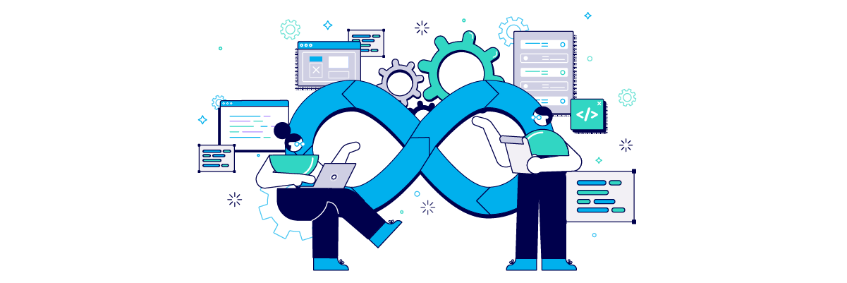 Two businessmen collaborating on a project. They are surrounded by digital devices and documents.
