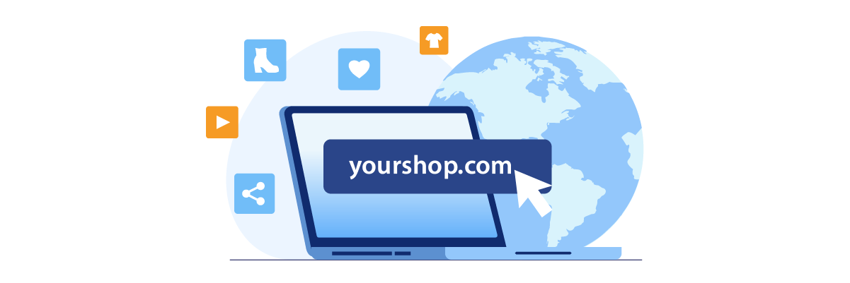 Laptop with yourshop.com on screen and globe