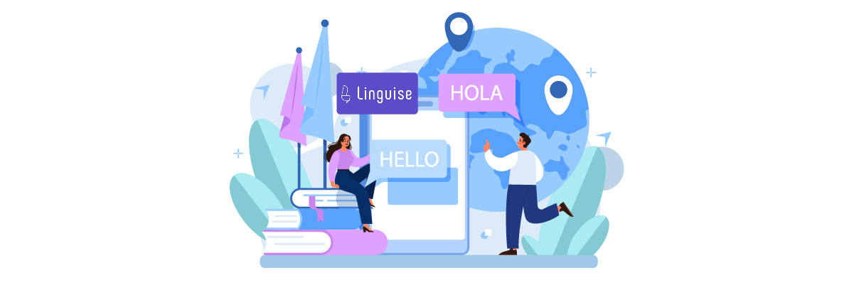 People learning languages on a computer with a globe.