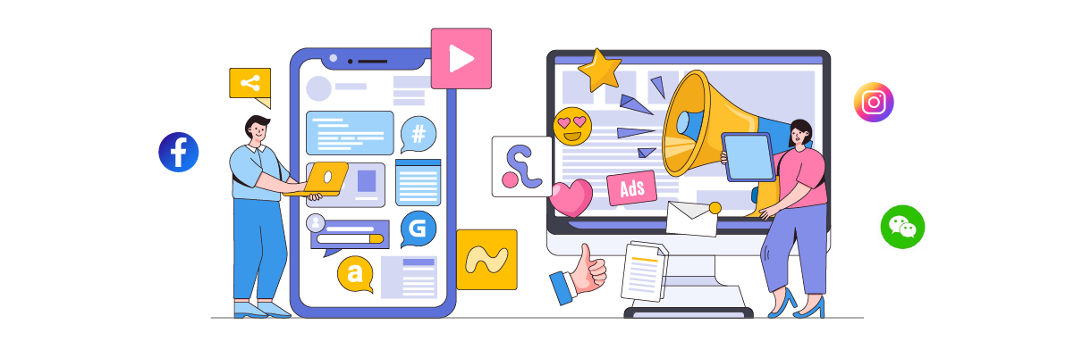 People interacting with mobile and computer for digital marketing