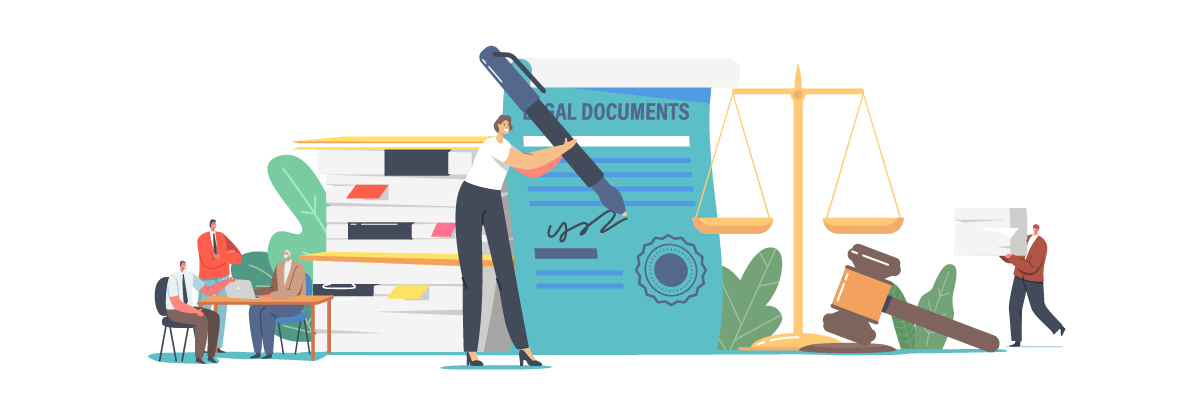 Illustration of a lawyer with legal documents and justice symbols.