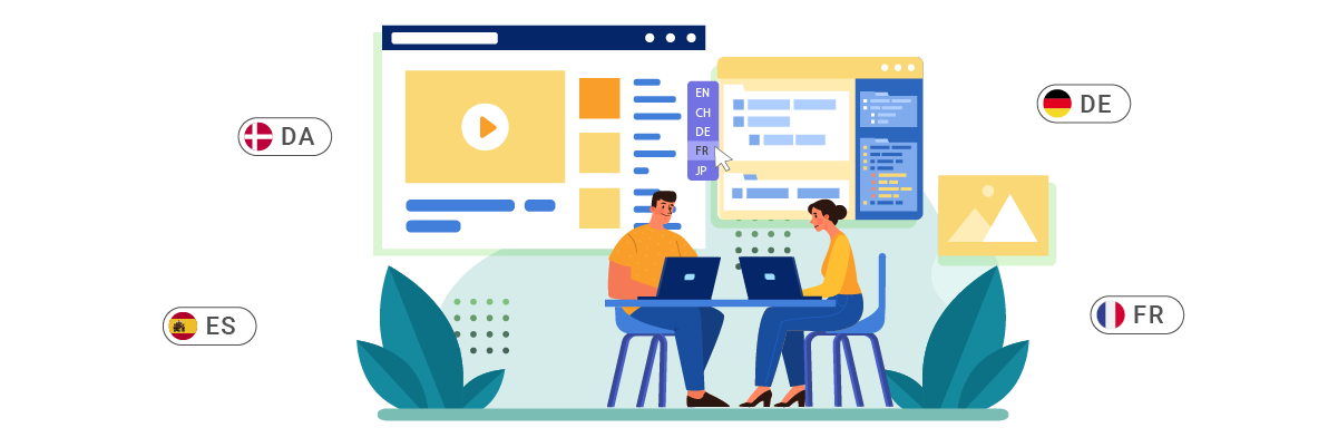Two people working on laptops with website design elements.