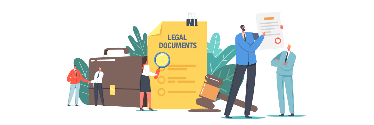 Business professionals looking at legal documents and files.