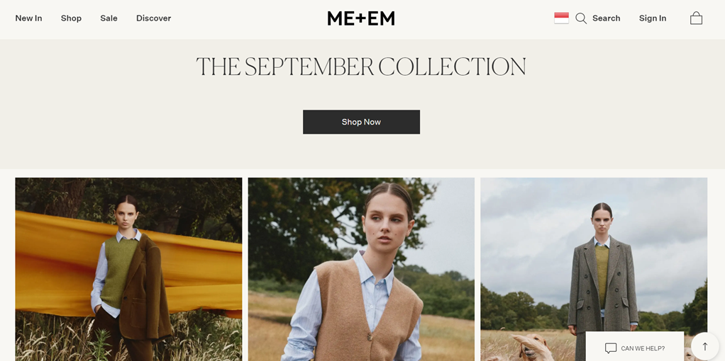 ME+EM fashion brand September collection. Three models showcasing outfits.