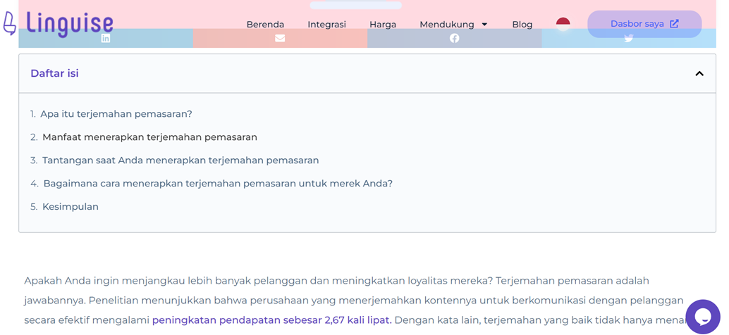 Website interface for translation services, Linguise platform.