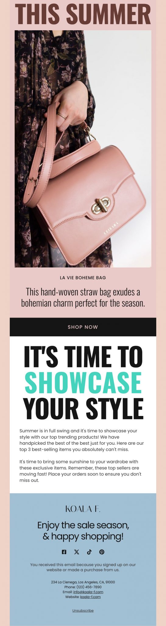 Woman holding a pink handbag. The handbag has a gold logo.