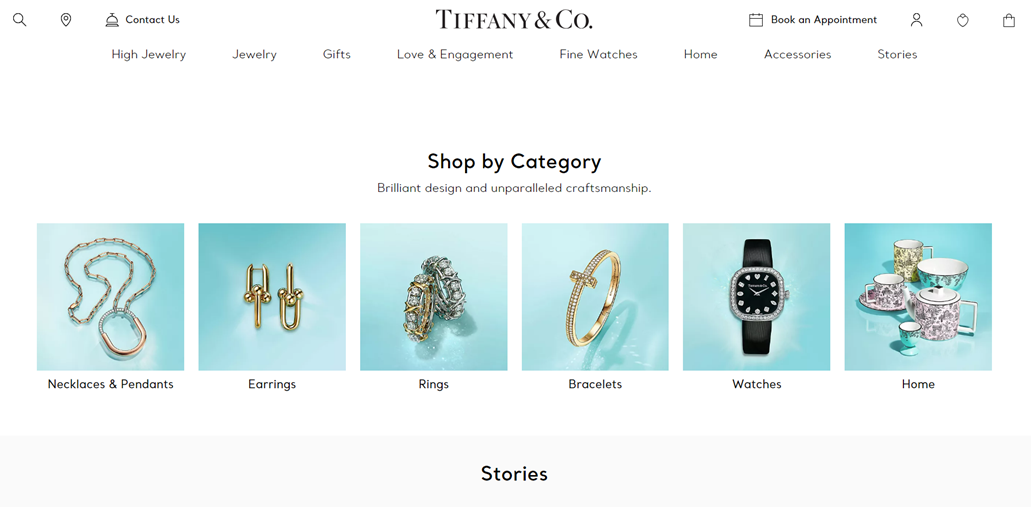 Shop by category on Tiffany & Co. website. Various jewelry categories.
