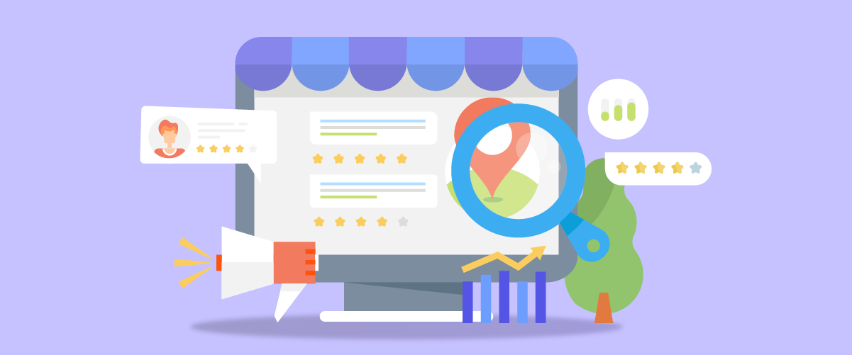 An illustration of an ecommerce store with a magnifying glass on the screen. The store has a blue awning and a white screen.