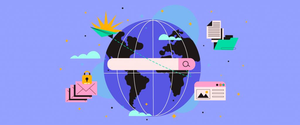 Uma ilustração colorida de um globo com uma barra de pesquisa. O globo está cercado por ícones que representam várias atividades online.