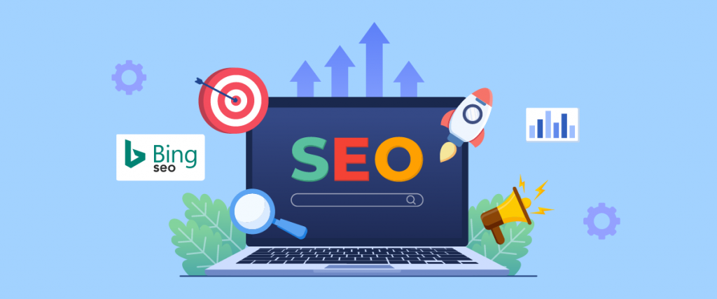 Um laptop com SEO na tela cercado por logotipos de motores de busca e ferramentas de otimização. A imagem representa otimização de motores de busca e marketing.