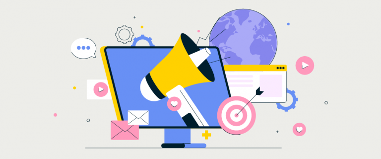 A colorful illustration of a megaphone on a computer screen with various digital marketing icons.