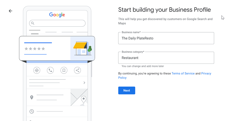 Google My Business profile creation page on a mobile device.