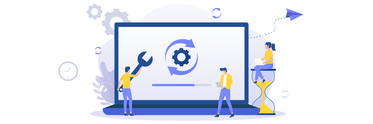 Illustration of people working together on a large laptop. They appear to be optimizing or configuring the system.