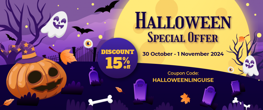 Halloween special offer with a 15% discount. A spooky background with pumpkins and ghosts.