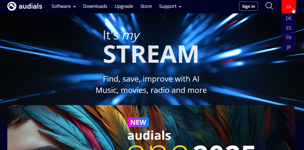 Audials software homepage with colorful hair and AI capabilities