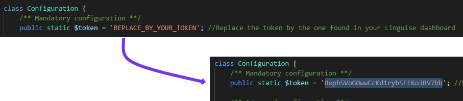 Code snippet showing a Java class configuration. The class includes a static block with a comment.
