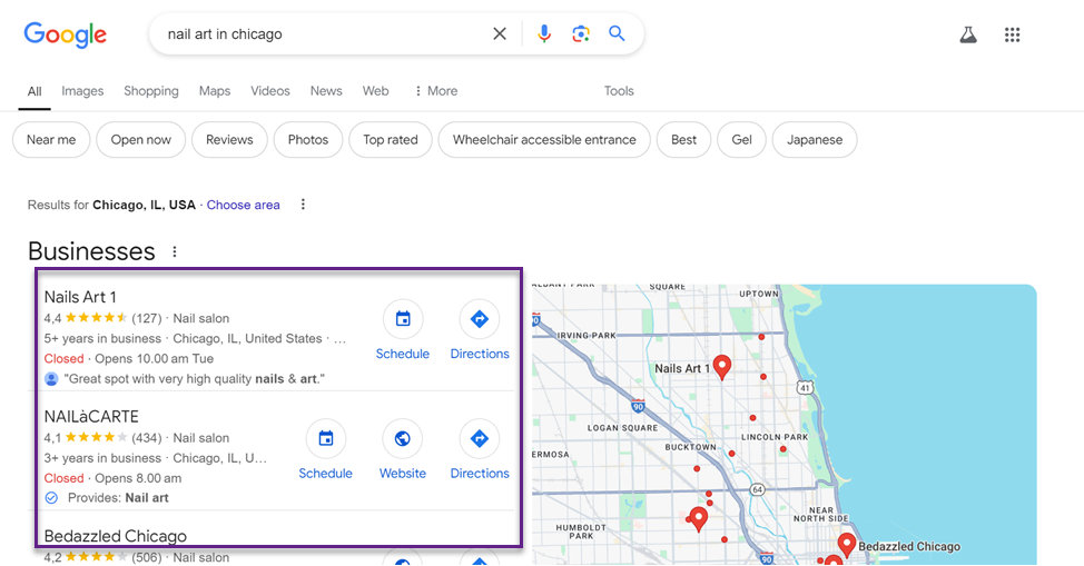 Google search results page for art in Chicago, list of businesses