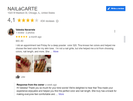 A review of a nail salon with 4.1 star rating and images of nail art