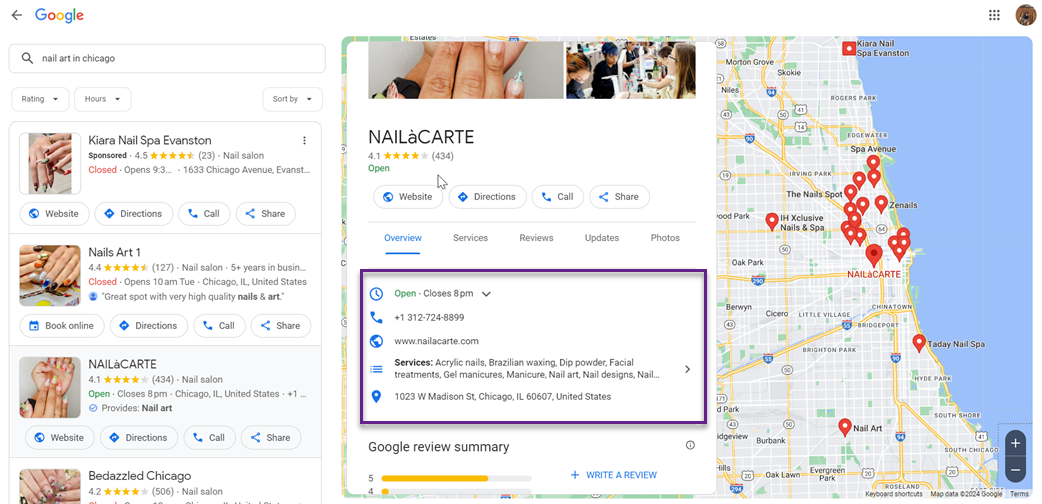 Map view of nail salons with list of results