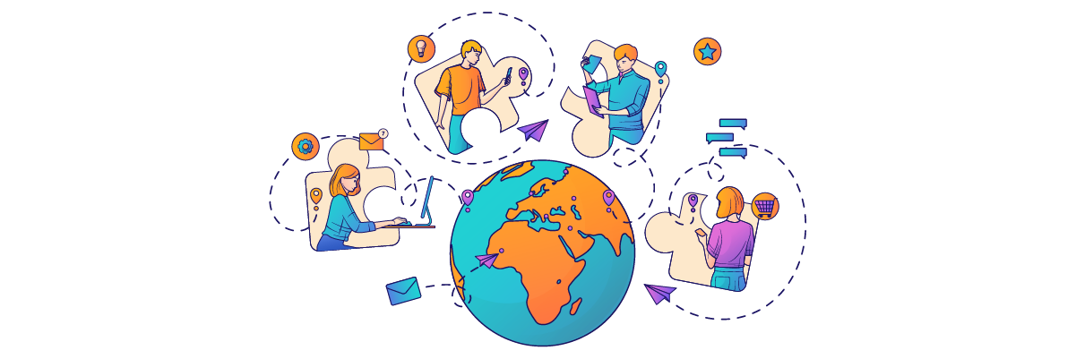A globe with diverse professionals working remotely