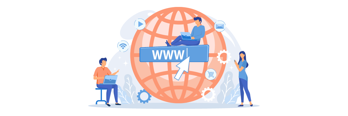 Illustration of people working around a globe with website elements.