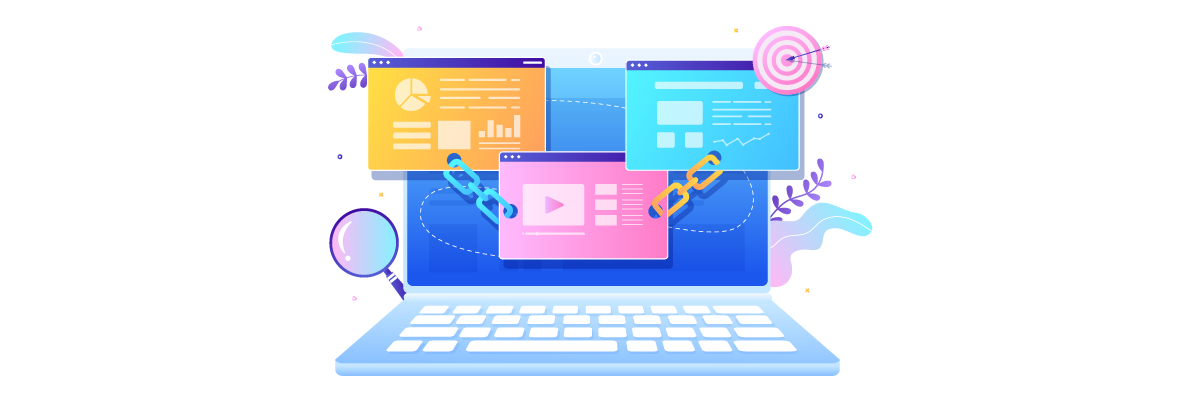 A laptop with various colorful web design elements floating around it, representing digital creativity.