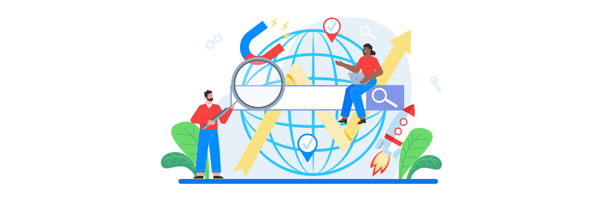 Two people interacting with a globe, surrounded by business and innovation symbols.