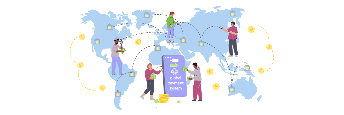 Illustration of people from around the world connected through a smartphone.