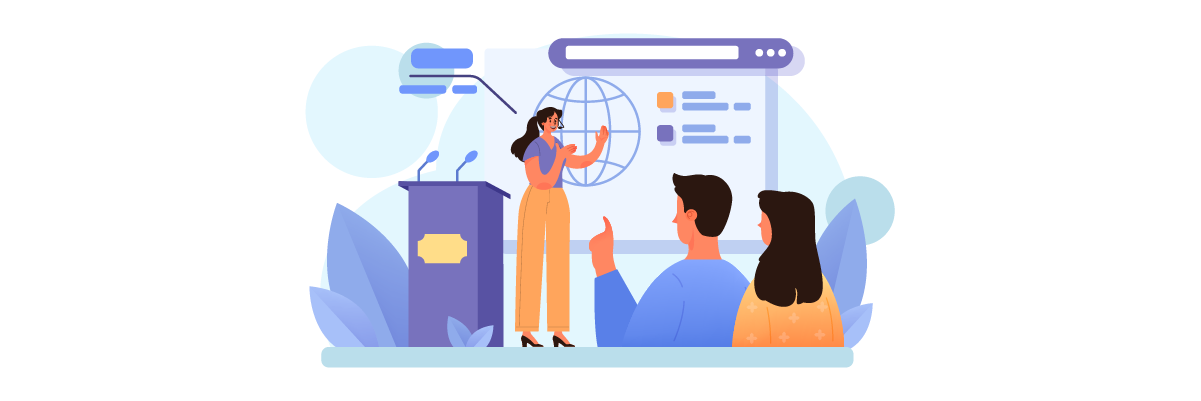 a woman presenting to two people with a chart