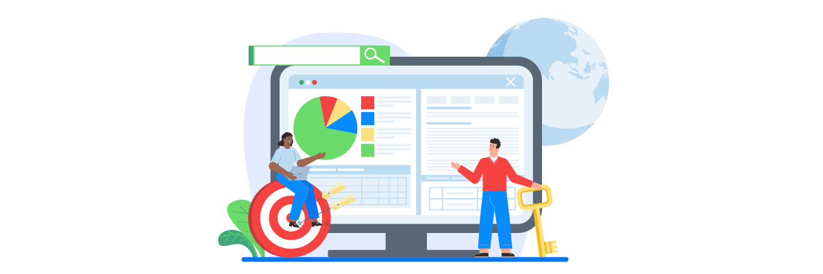 Man presenting data on large computer screen. Business analytics and target audience concept.