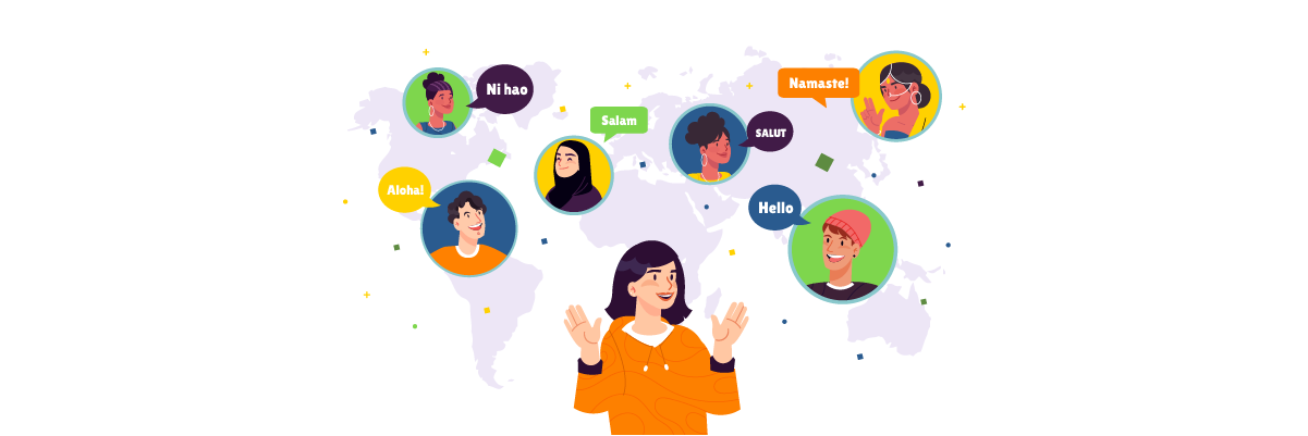 A woman surrounded by speech bubbles and people icons