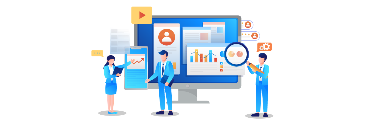 A group of business people looking at a computer screen with graphs and charts. They appear to be analyzing data.