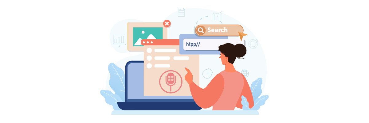 A woman sits in front of a laptop with multiple screens and icons popping out.