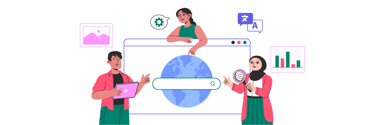 Illustration of people and digital icons around Earth