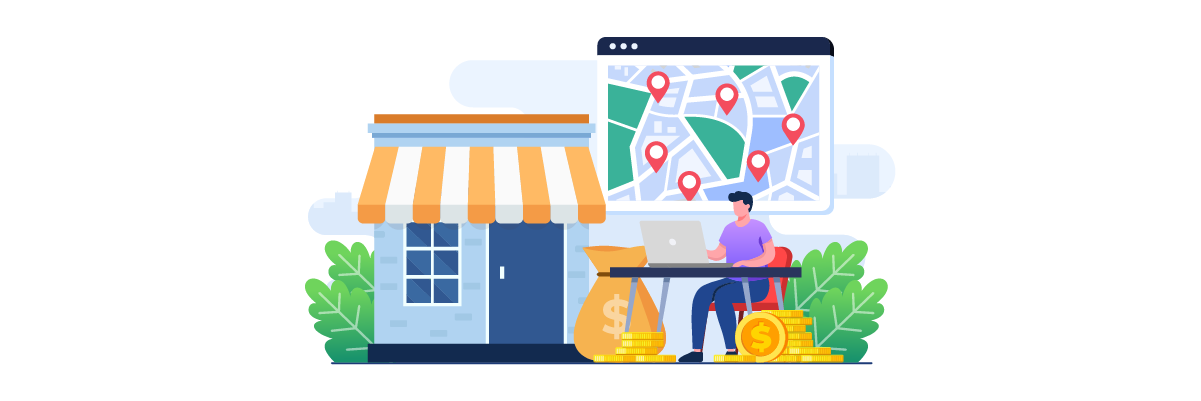 Illustration of a store with a map on a computer screen and a person sitting on a stack of packages.