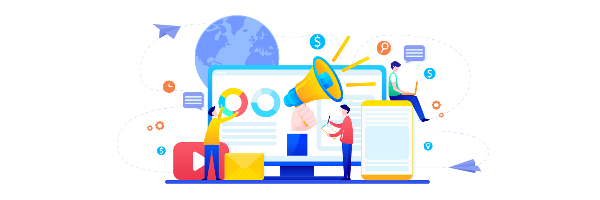 Digital marketing and social media icons, including a megaphone, computer screen, and colorful symbols.