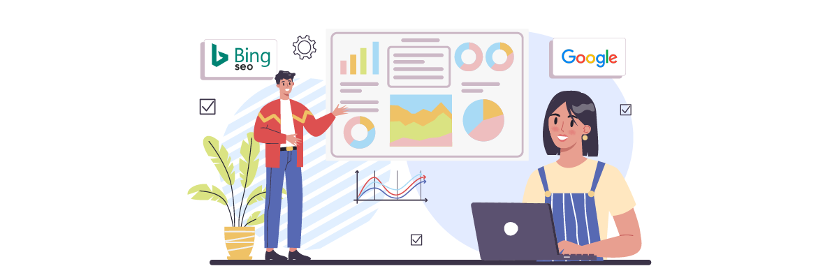 Two people working with data. A woman on a laptop and a man pointing at a whiteboard with graphs.