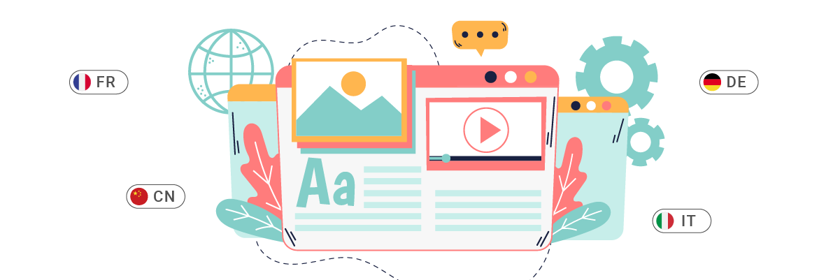 Graphic representing multimedia content creation tools. Various icons for video, image, and text editing.