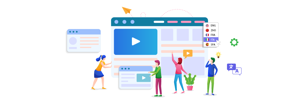 Illustration of people and digital interface components. Various colorful elements.