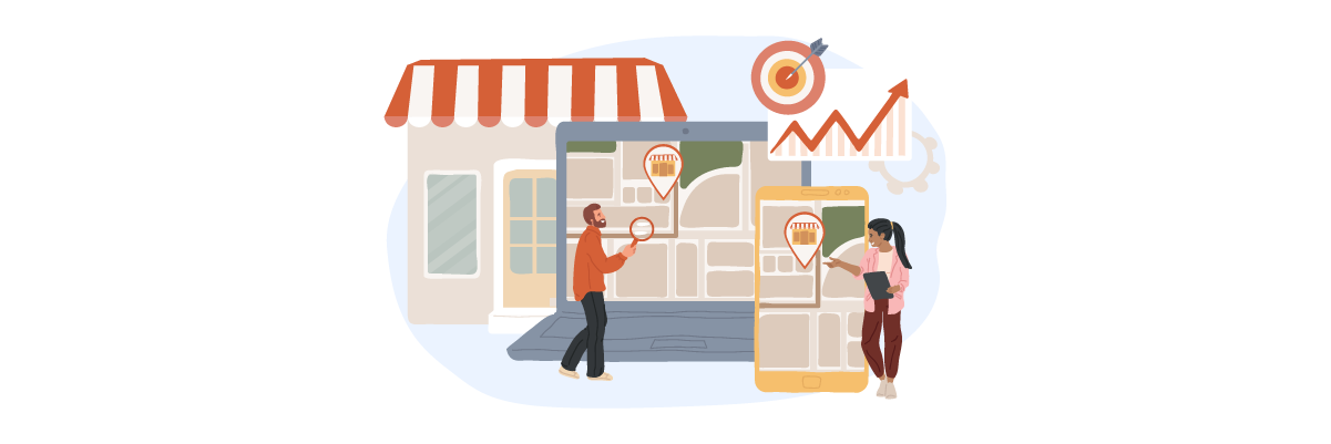 A businessman and woman discussing growth near a shop