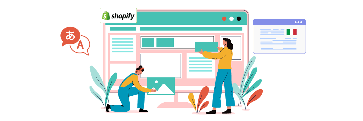 Two people working on a large computer screen with Shopify logo. The image depicts a collaborative work environment.