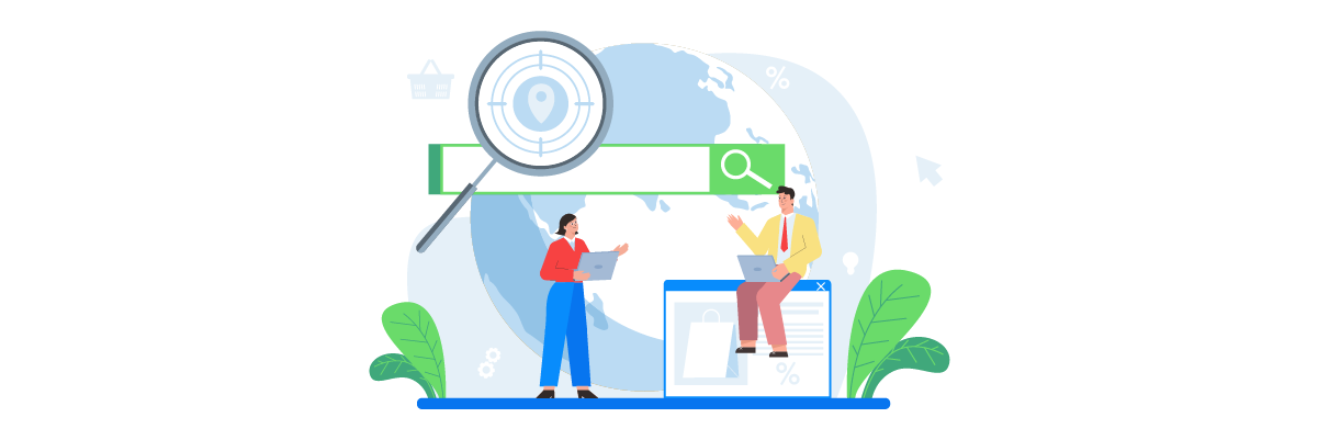 Two people standing on a world map, searching with a magnifying glass. They appear to be analyzing data.