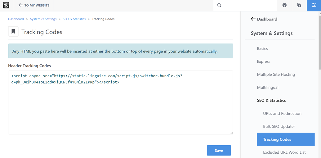 A settings page for tracking codes, with a blue button.