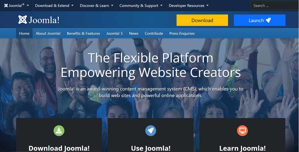 Joomla homepage with a background image of a crowd