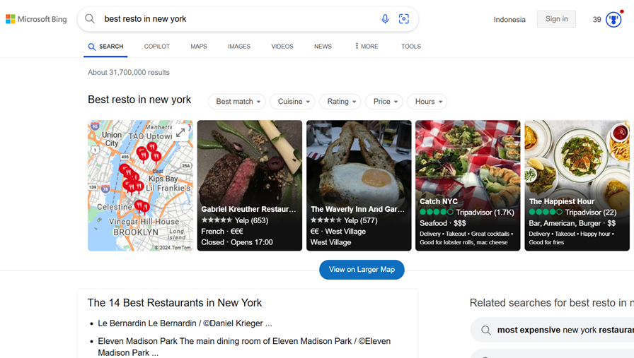 Map and photos of top restaurants in New York. Various dishes and eateries.