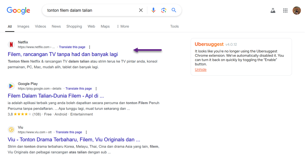 Screenshot of Google search results page