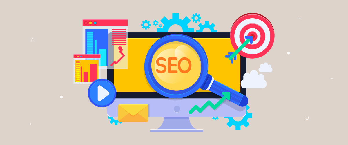 A computer monitor with SEO on the screen surrounded by digital marketing icons. The monitor displays a magnifying glass over SEO.