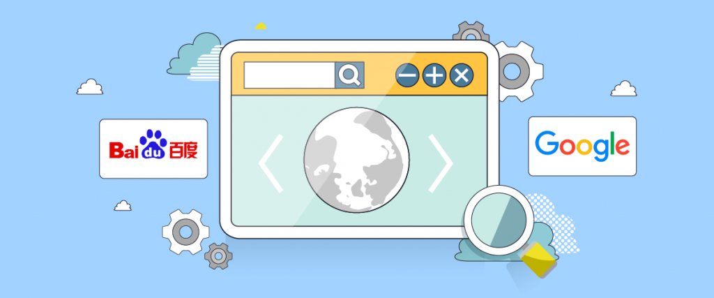 Um gráfico ilustrando conceitos de SEO com uma janela de navegador, lupa e logotipos de motores de busca populares.