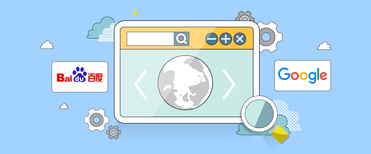 A graphic illustrating SEO concepts with a browser window, magnifying glass, and logos of popular search engines.