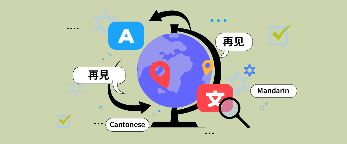 A globe with a red pin and language text bubbles.